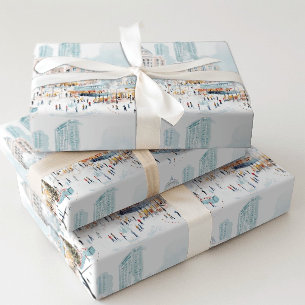 Winter Town Square Gift Wrap, Ice Skating City Wrapping Paper, Festive Christmas Tree Wrapping Paper, Holiday Season Wrapping