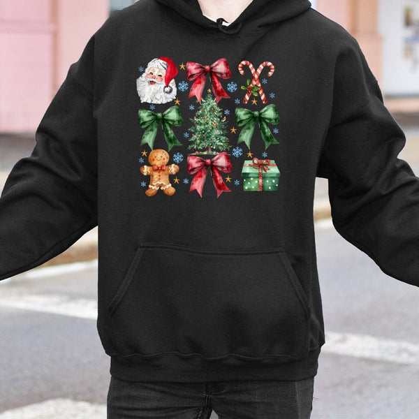 Retro Santa Bow Graphic Sweatshirt, Coquette Christmas Hoodie, Aesthetic Holiday Xmas Hooded Pullover, Adorable Winter Presen