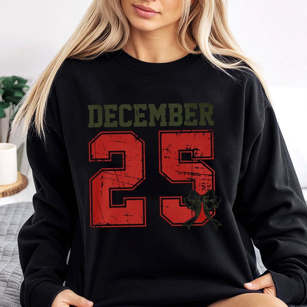 Retro Distressed Varsity Number Crewneck, December 25 Christmas Sweatshirt, Comfy Xmas Holiday Sweater, Vintage Aesthetic Gra