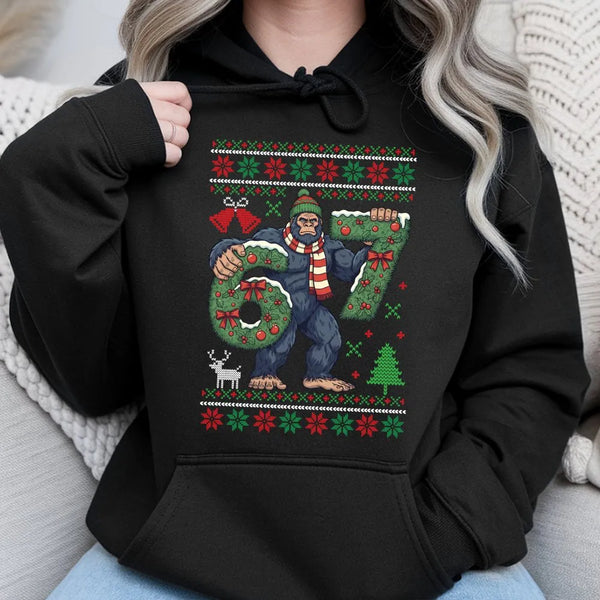 Sasquatch Ugly Xmas Hoodie, Humorous Bigfoot Christmas Hoodie, Retro Sasquatch Holiday Sweatshirt, Winter Christmas Hoodie, B