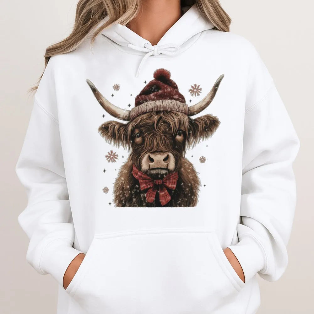 Western Santa Hat Cow Sweatshirt, Christmas Highland Cow Hoodie, Adorable Holiday Cow Hooded Pullover, Festive Winter Cow Gra