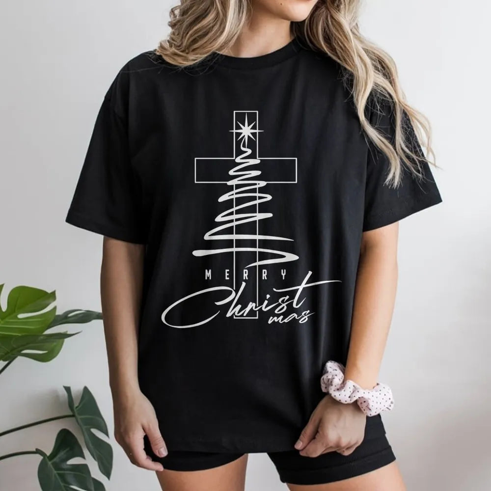 Minimalist Cross Tree Shirt, Religious Christmas T-Shirt, Christian Holiday Graphic Tee, Faith Based Xmas Shirt, Jesus Christ