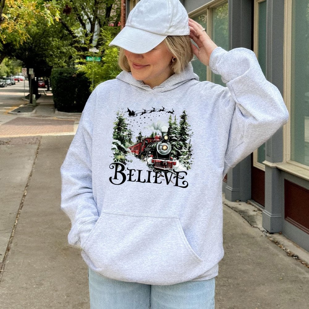 Vintage Winter Holiday Sweatshirt, Believe Christmas Train Hoodie, Comfy Polar Graphic Hoodie, Festive Christmas Hooded Sweat