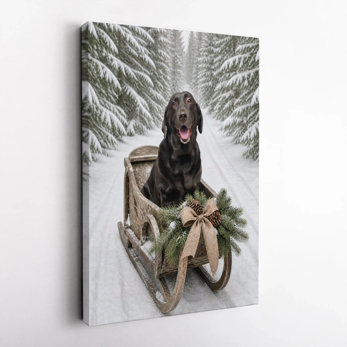 Snowy Forest Labrador Canvas Print, Black Lab Winter Sled Canvas, Christmas Dog Wall Art, Holiday Labrador Canvas Decor, Dog 