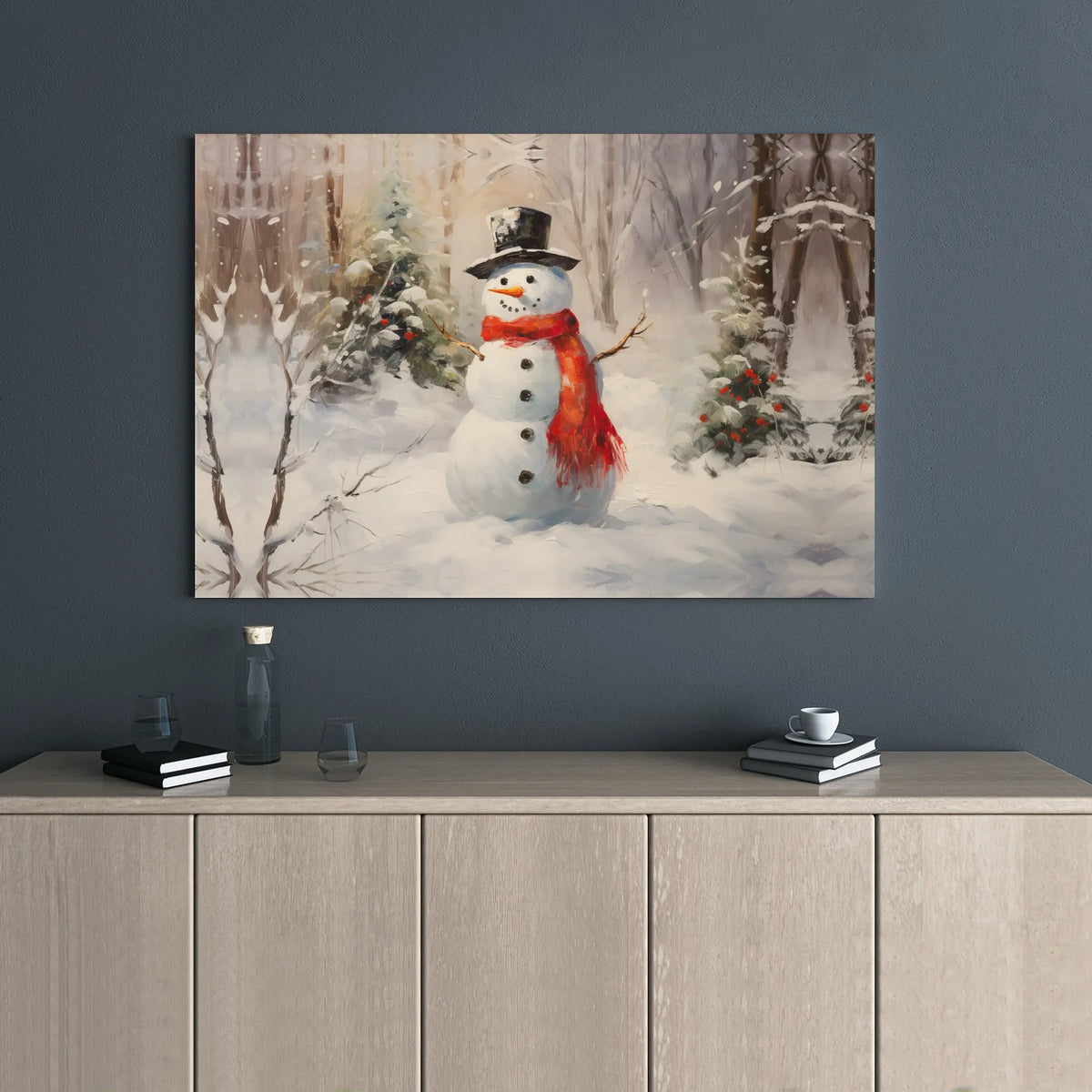 Red Scarf Forest Scene Print, Winter Snowman Canvas Wall Art, Christmas Holiday Canvas Wall Decor, Printable Digital Download