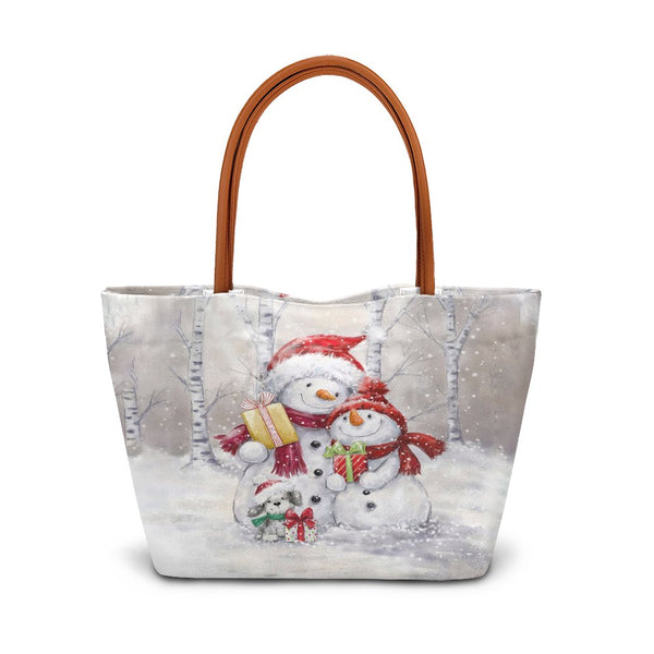 Winter Forest Illustration Shoulder Bag, Christmas Snowman Tote Bag, Holiday Snow Scene Handbag, Festive Adorable Christmas P
