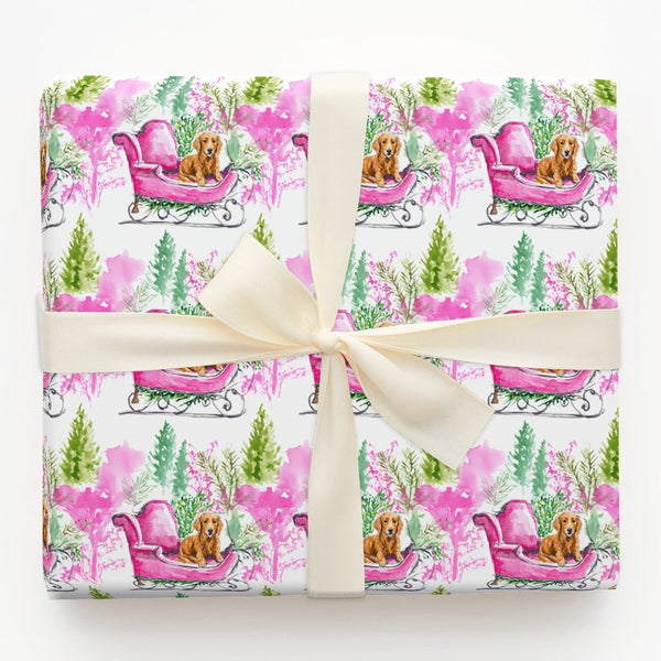 Pink Sleigh Dog Gift Wrap, Dachshund Christmas Wrapping Paper, Watercolor Weiner Dog Wrapping Paper, Festive Puppy Holiday Gi