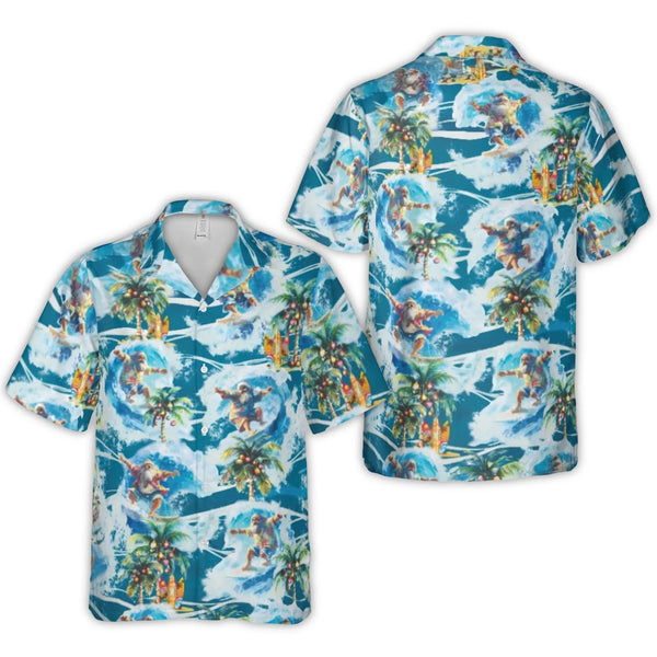 Tropical Christmas Aloha Shirt, Surfing Santa Hawaiian Shirt, Palm Tree Holiday Button Up Shirt, Festive Summer Beach Xmas Pr