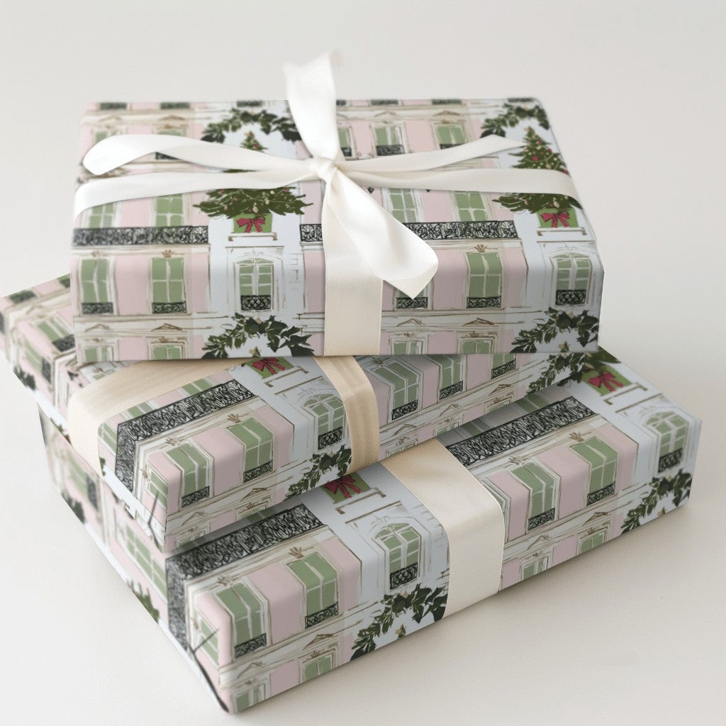Pink Parisian Building Gift Wrap, Paris Christmas Wrapping Paper, French City House Wrapping Paper, Elegant Holiday Christmas