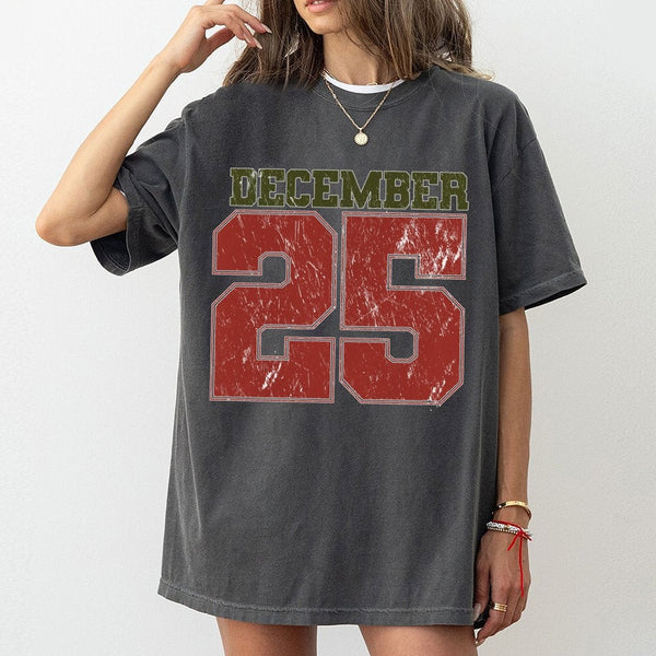 Retro Varsity Number Holiday Shirt, December 25 Christmas T-Shirt, Vintage Christmas Graphic Tee, Holiday Aesthetic T-Shirt P