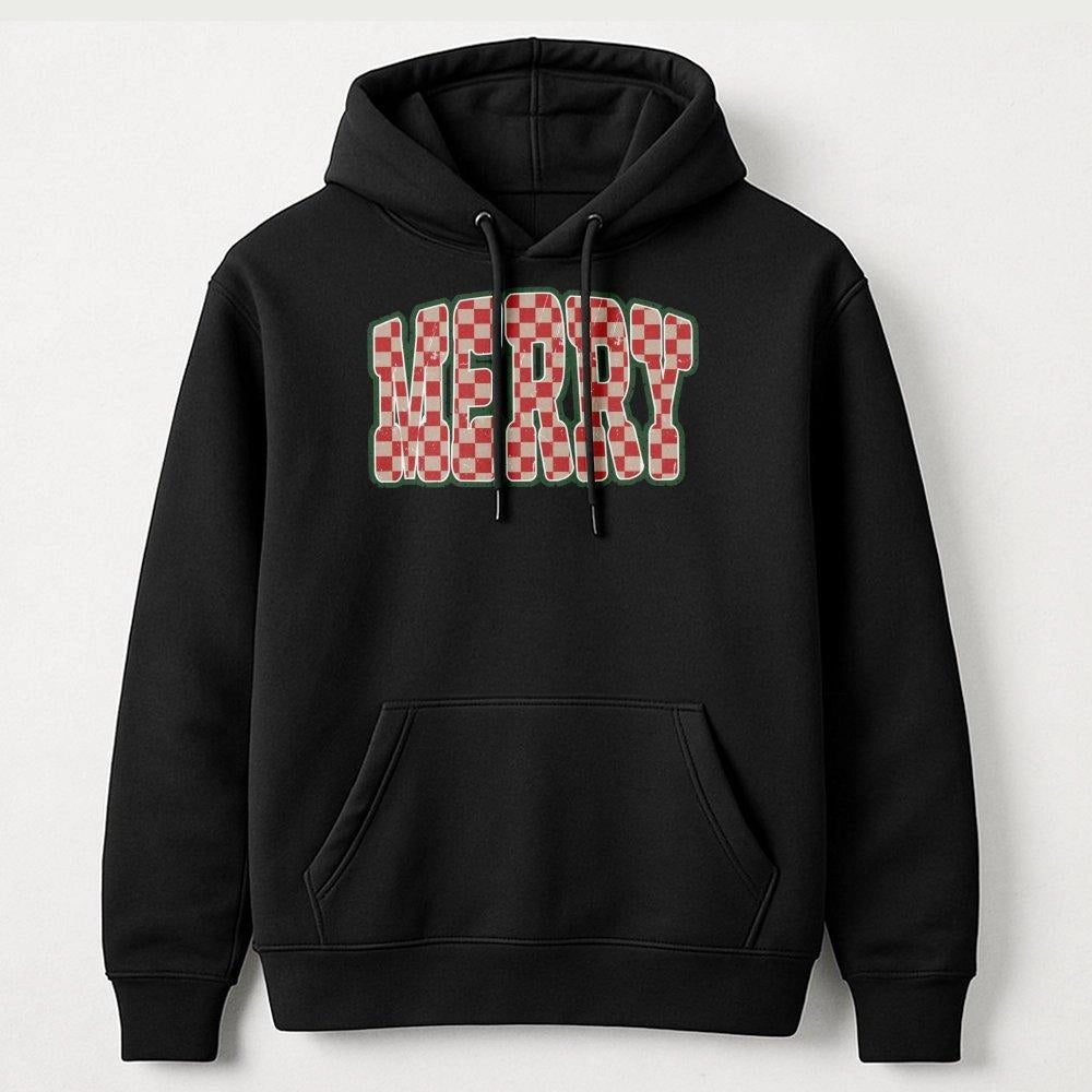 Retro Checkered Holiday Hoodie, Merry Christmas Hoodie, Red Text Winter Christmas Hoodie, Comfy Graphic Hooded Sweatshirt, Xm