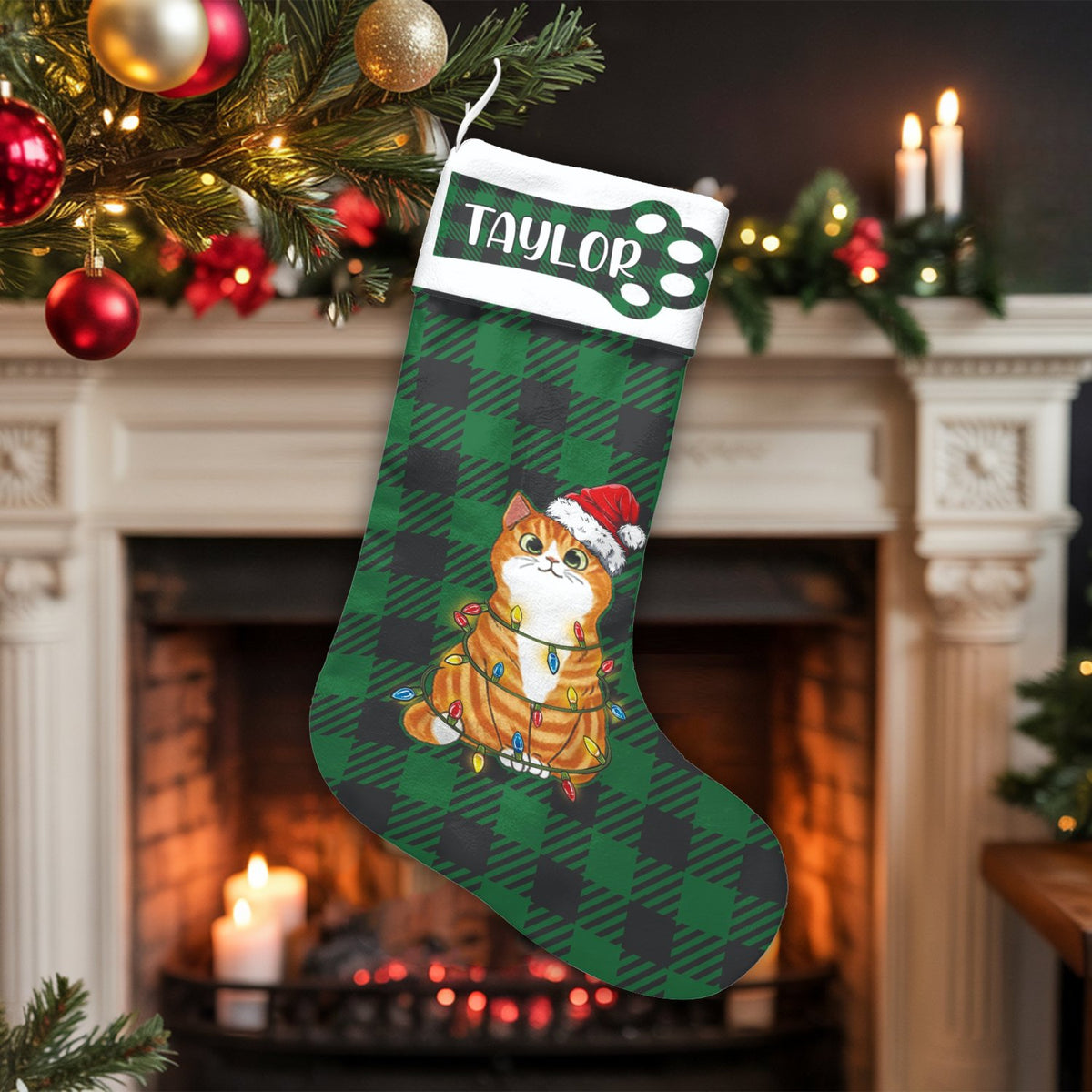 Ginger Kitty Santa Hat Stocking, Personalized Cat Christmas Stocking, Custom Holiday Christmas Stocking, Xmas Decor Present f