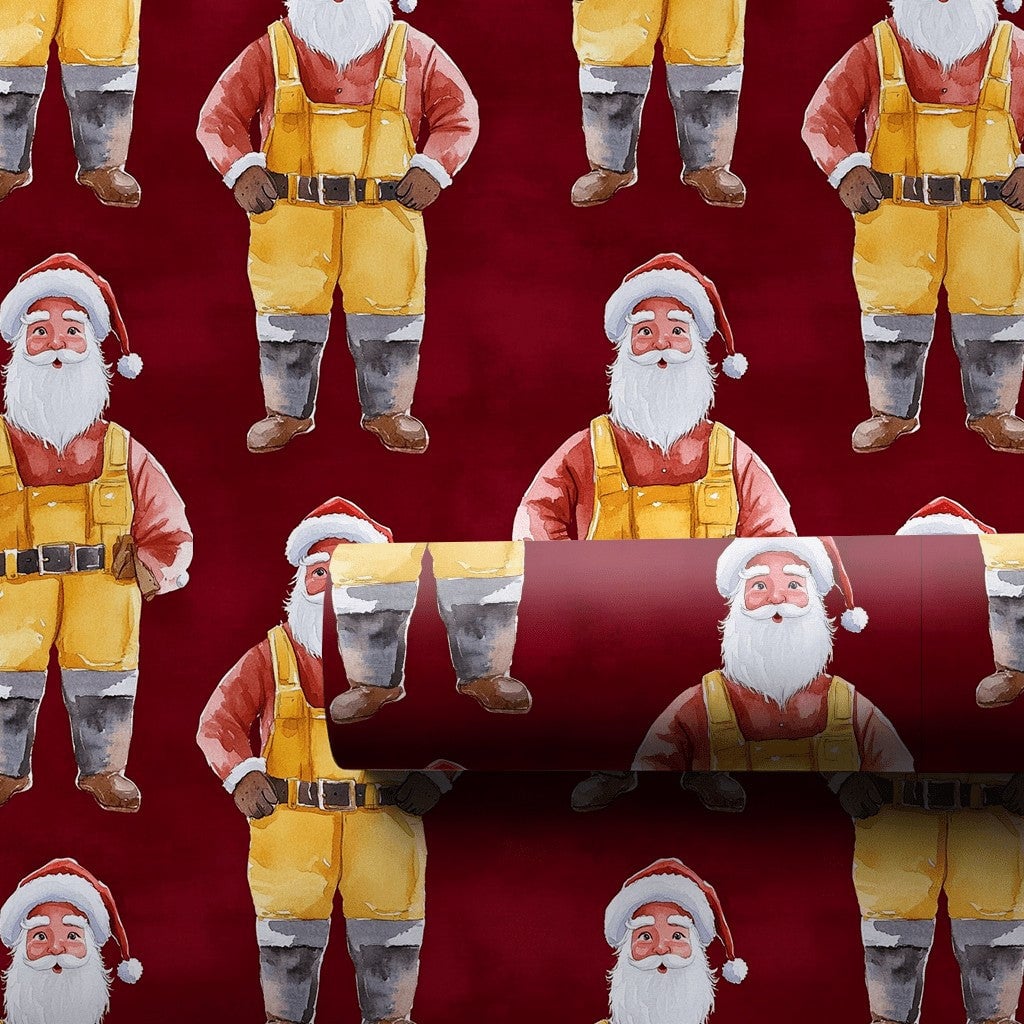 Whimsical Santa Claus Gift Wrap, Yellow Overalls Santa Wrapping Paper, Red Background Christmas Wrapping Paper, Holiday Prese