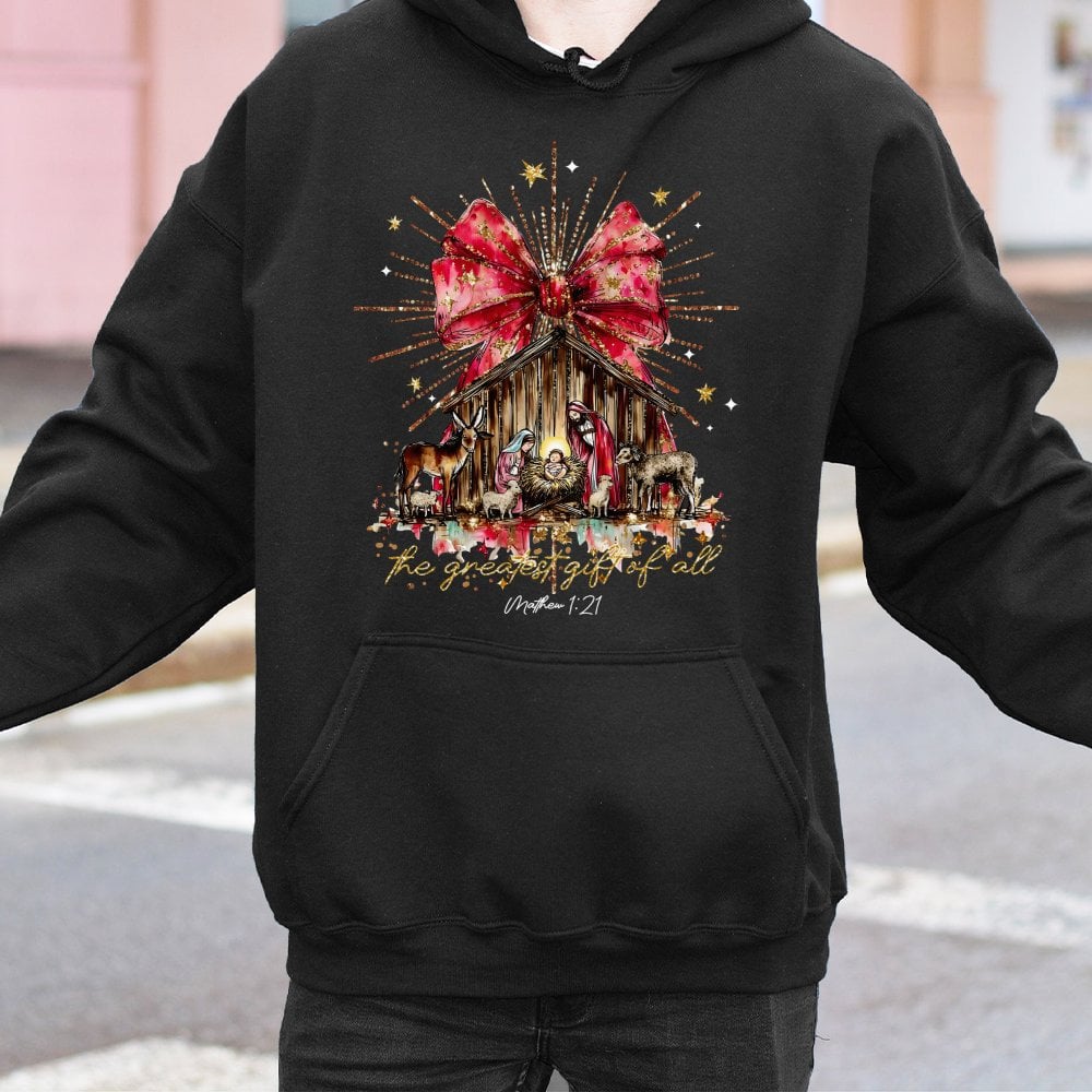 Christian Christmas Scene Pullover, The Greatest Present of All Nativity Hoodie, Jesus Birth Scripture Hooded Sweatshirt, Rel