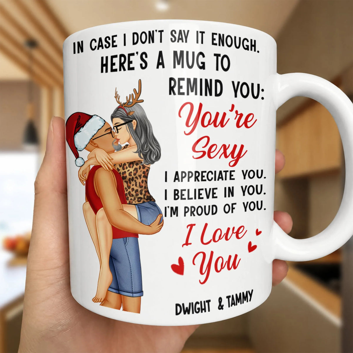 Santa and Reindeer Kissing Couple Coffee Mug, You're Sexy I Love You Christmas Mug, Humorous Romantic Xmas Ceramic Cup, Holid