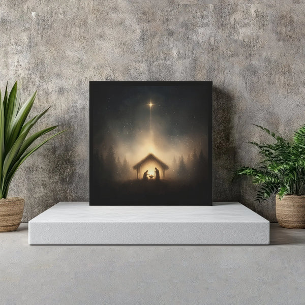 Holy Night Silhouette Canvas Print, Nativity Scene Canvas Wall Art, Star of Bethlehem Christmas Canvas, Christian Faith Holid