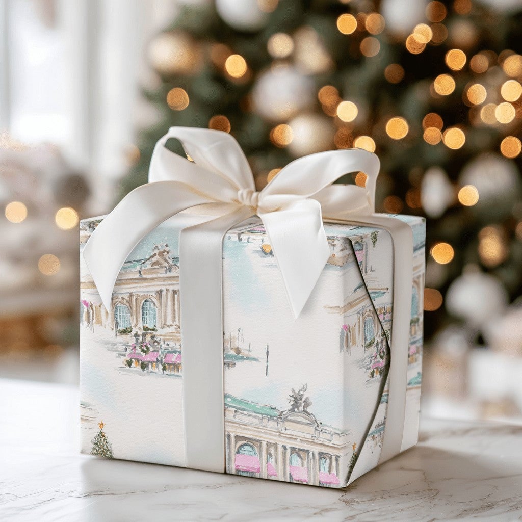 Watercolor New York Christmas Wrapping Paper, NYC Grand Central Gift Wrap, Snowy City Yellow Cab Gift Wrapping Paper, Holiday