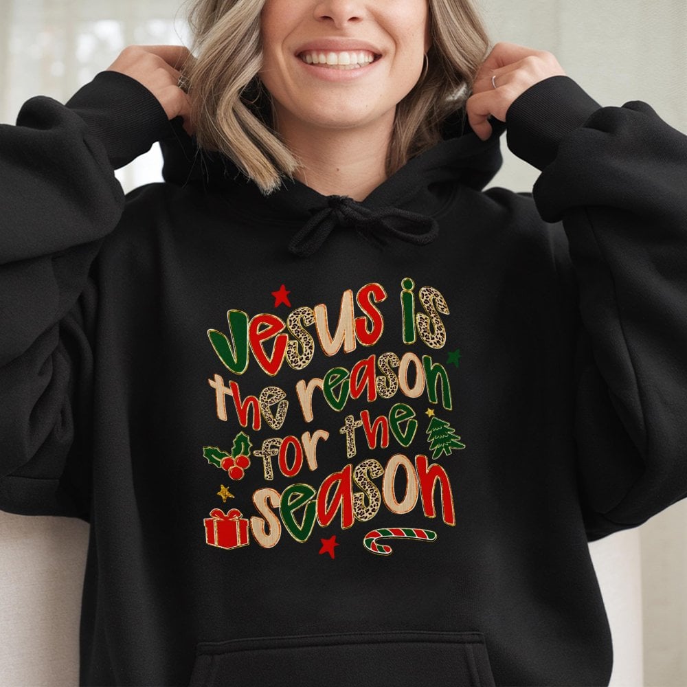 Leopard Christian Christmas Sweatshirt, Jesus Is the Reason for the Season Hoodie, Faith Based Holiday Hooded Pullover, Relig