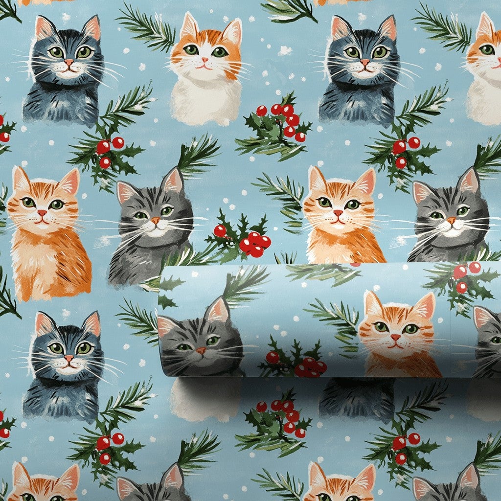 Adorable Kitten Holiday Gift Wrap, Christmas Cat Wrapping Paper, Festive Winter Cat Lover Wrapping Paper, Holly Pine Pet Love