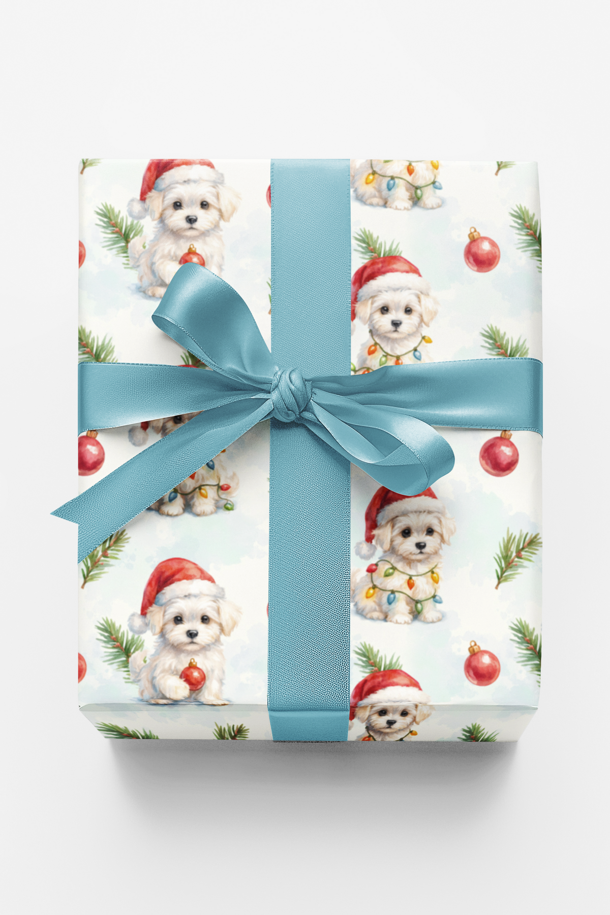 Watercolor Dog in Santa Hat Gift Wrap, Adorable Puppy Christmas Wrapping Paper, Festive Winter Dog Wrapping Paper, Holiday Gi