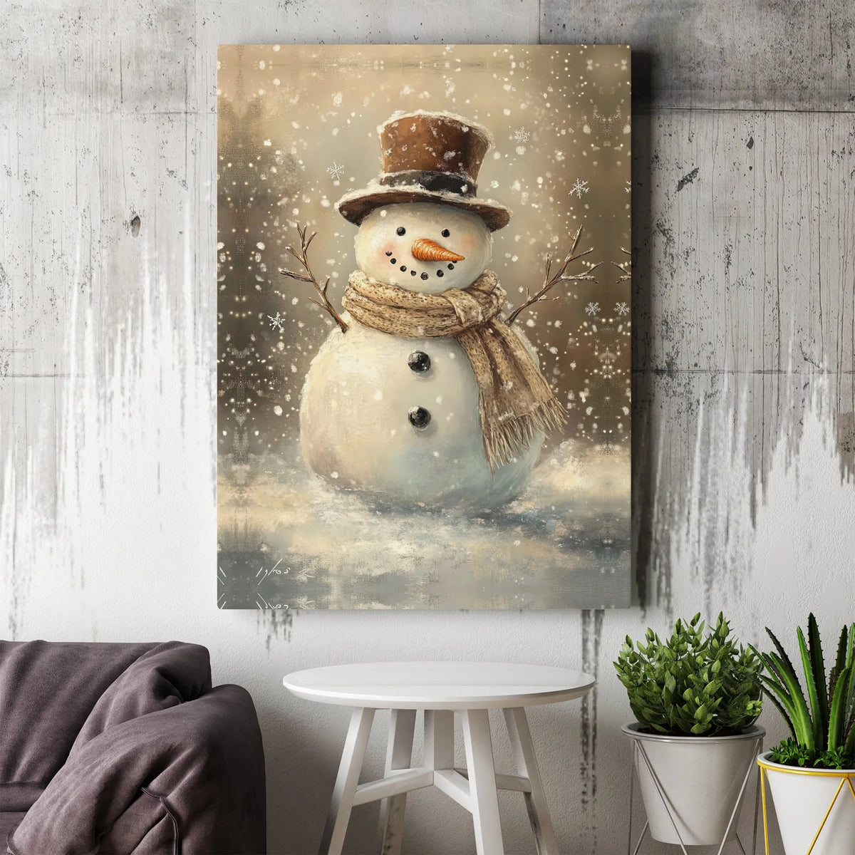 Winter Holiday Painting Canvas Print, Vintage Snowman Canvas Wall Art, Christmas Snowman with Top Hat Wall Decor, Rustic Holi