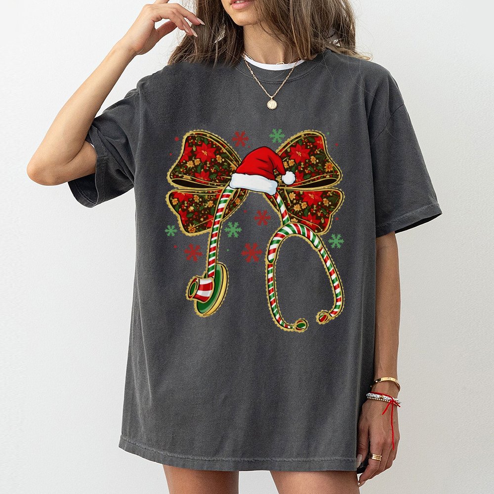 Coquette Bow Stethoscope Shirt, Christmas Nurse T-Shirt, Adorable Healthcare Holiday Tee, RN Medical Graphic T-Shirt, Nurse C