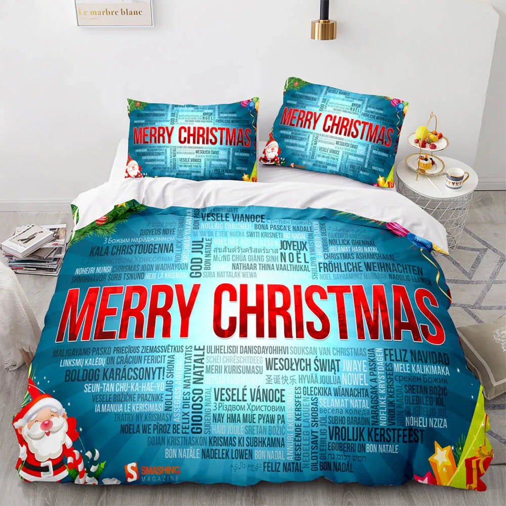 Typography Christmas Bedding Set, Merry Christmas Script Duvet Cover Set, Multi Language Xmas Duvet Cover, Festive Holiday Be