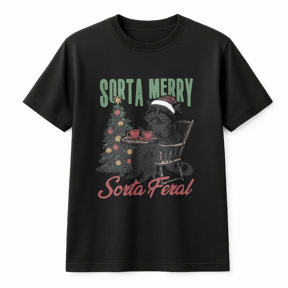 Humorous Christmas Animal Graphic Tee, Sorta Merry Sorta Feral Raccoon T-Shirt, Sarcastic Raccoon Shirt, Holiday Winter Trash