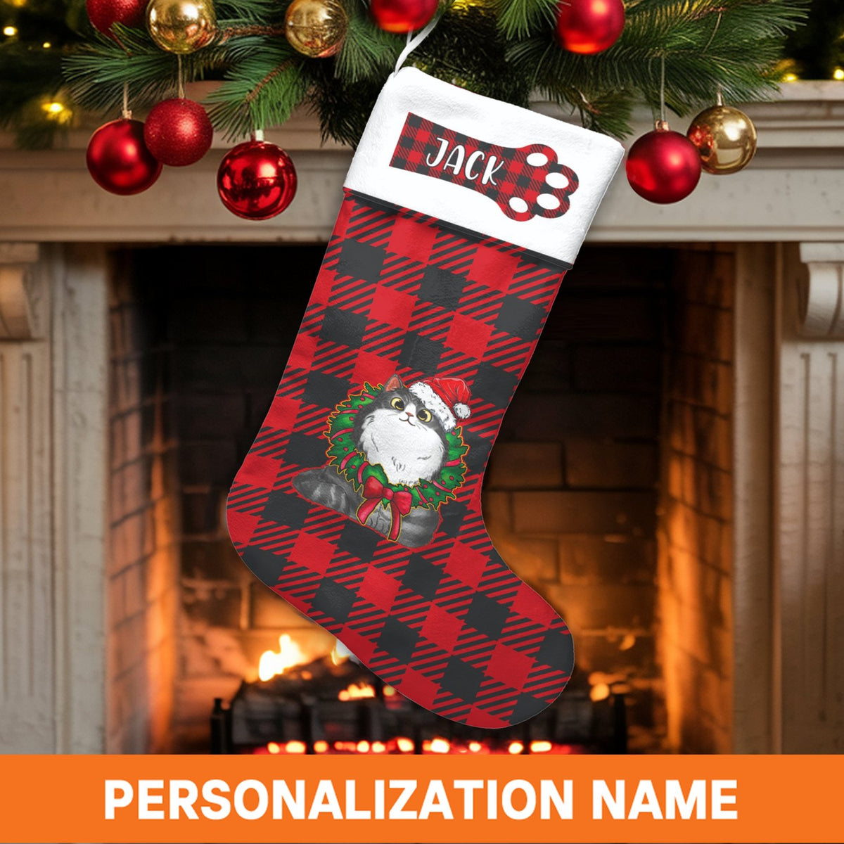 Buffalo Plaid Cat Stocking, Personalized Cat Christmas Stocking, Custom Pet Holiday Stocking, Festive Mantel Decor, Present f