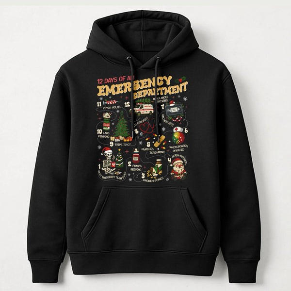 Humorous ER Nurse Christmas Hoodie, 12 Days of Emergency Department Hoodie, Medical Staff Holiday Hooded Sweatshirt, ER Docto