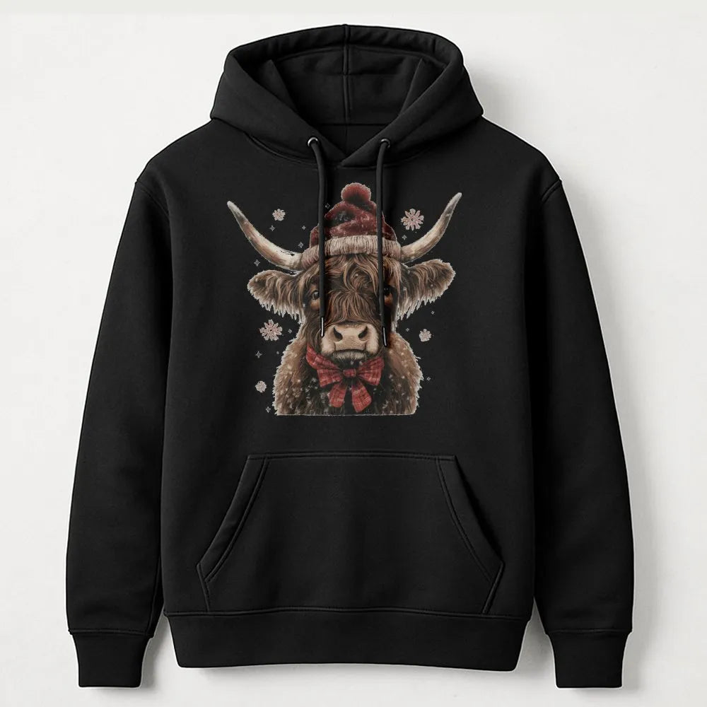 Western Santa Hat Cow Sweatshirt, Christmas Highland Cow Hoodie, Adorable Holiday Cow Hooded Pullover, Festive Winter Cow Gra