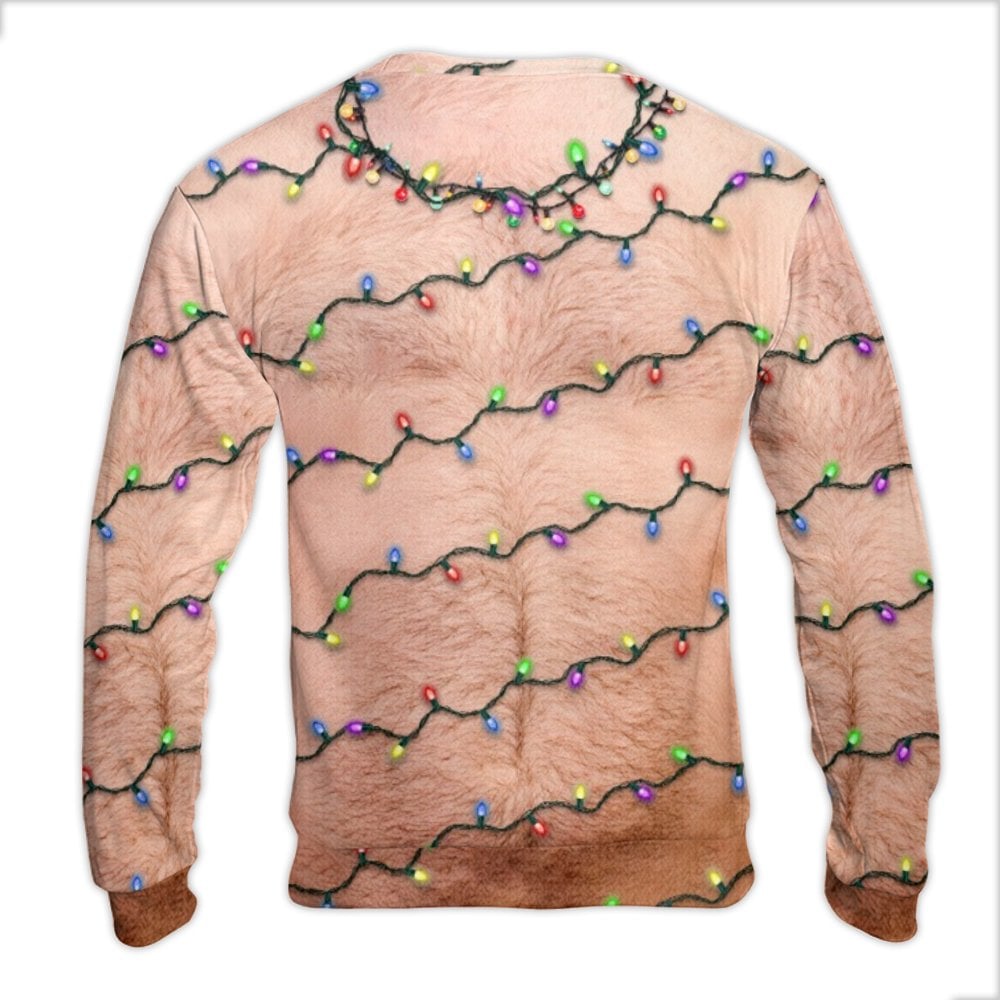 Realistic Fake Body Print Fleece Pullover, Hairy Chest Christmas Lights Ugly Sweater, Humorous Holiday Gag Present Party Swea