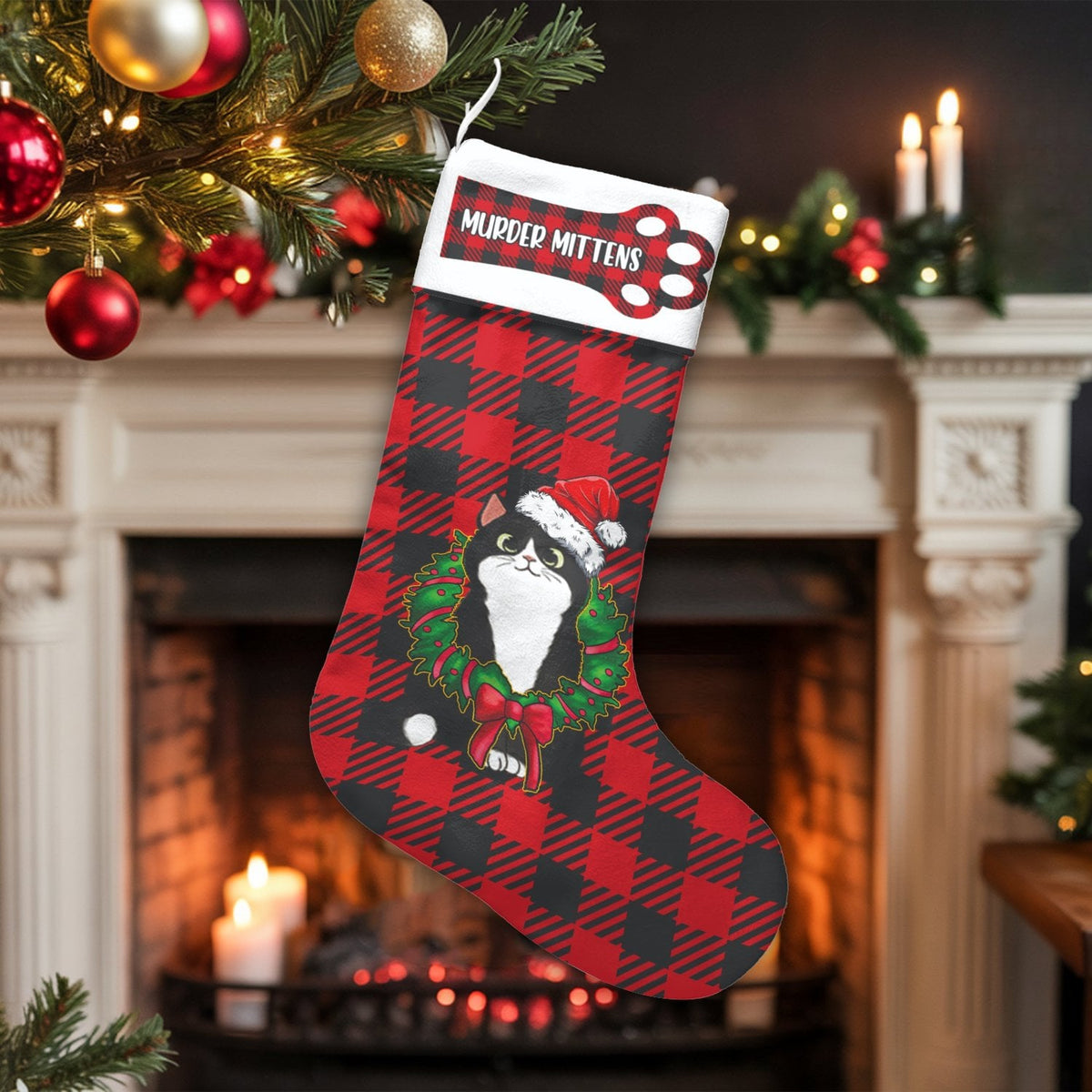 Humorous Black Cat Holiday Stocking, Personalized Murder Mittens Cat Christmas Stocking, Custom Pet Name Xmas Stocking, Pet L