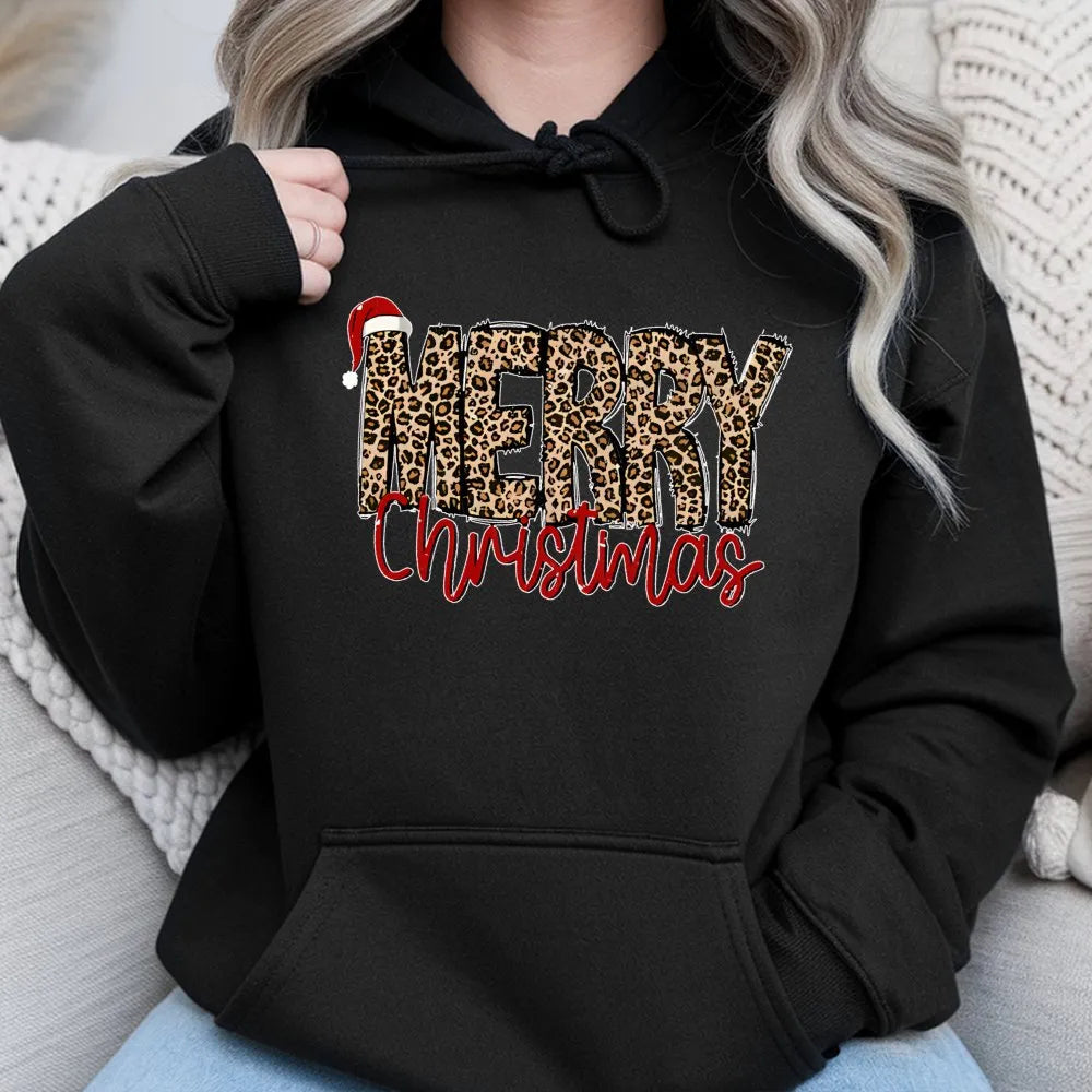 Festive Santa Hat Holiday Hoodie, Merry Christmas Leopard Print Hoodie, Adorable Animal Print Hooded Sweatshirt, Comfy Winter
