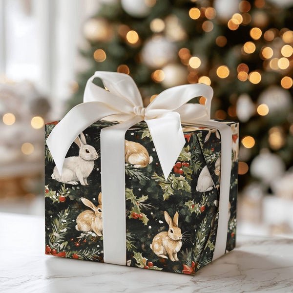 Rustic Winter Rabbit Gift Wrap, Woodland Bunny Christmas Wrapping Paper, Holiday Pine Berry Wrapping Paper, Comfy Woodland An