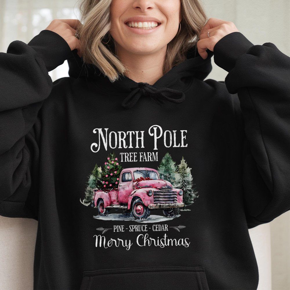 Retro Pink Christmas Truck Sweatshirt, North Pole Tree Farm Hoodie, Festive Farmhouse Holiday Pullover, Comfy Xmas Winter Swe
