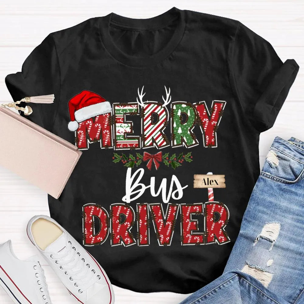 Custom Santa Hat Holiday Graphic Tee, Personalized Bus Driver Christmas T-Shirt, Merry Christmas Driver Shirt, Adorable Xmas 