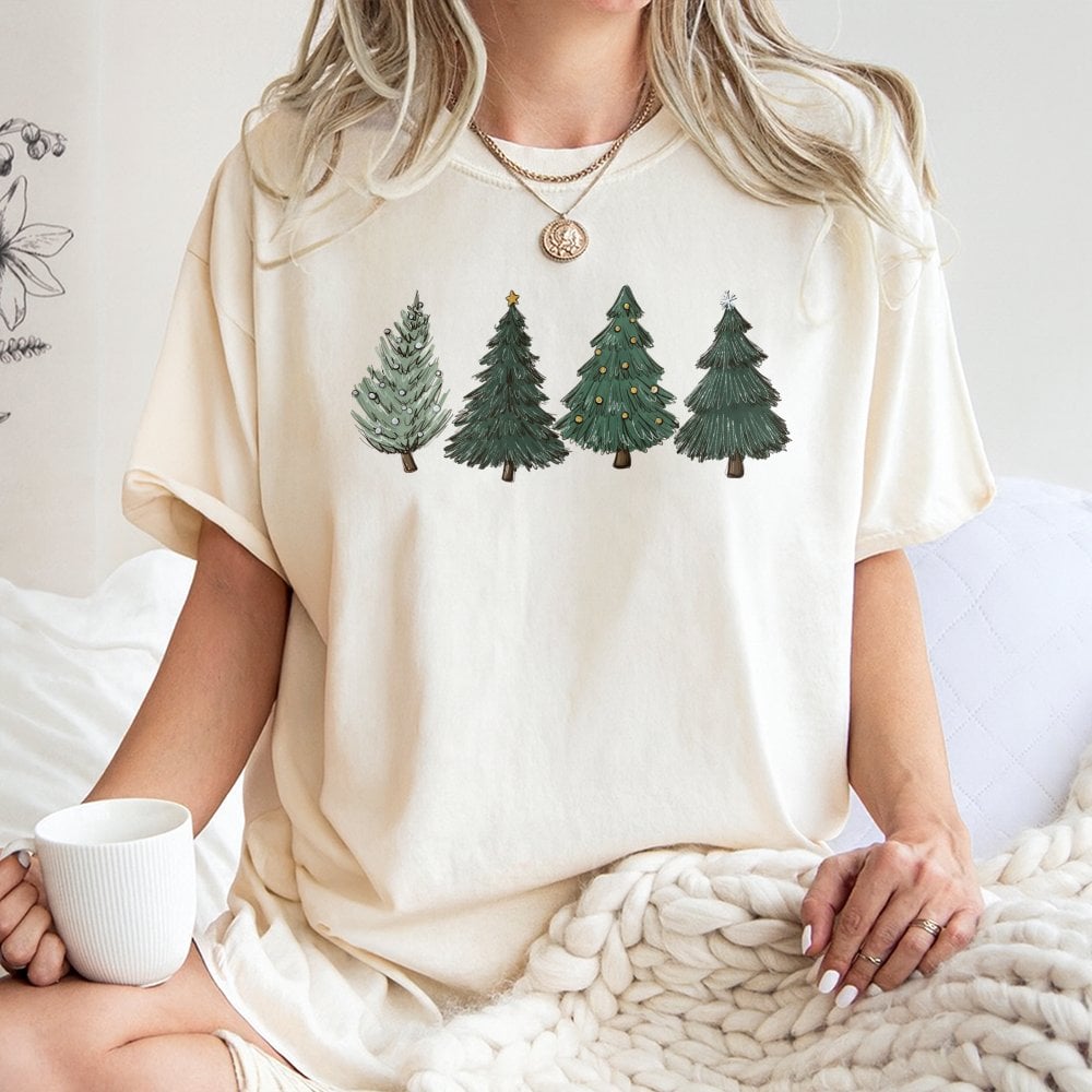 Hand-Drawn Holiday Pine Forest Graphic Tee, Christmas Tree T-Shirt, Comfy Winter Xmas Shirt, Festive Holiday Season Present