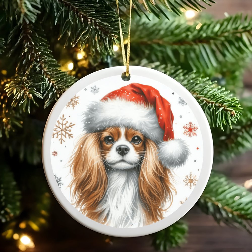 Santa Hat Dog Christmas Ornament, Cavalier King Charles Spaniel Ornament, Glossy Ceramic Tree Ornament, Dog Lover Keepsake, H