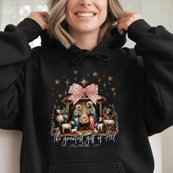 The Greatest Present of All Hoodie, Nativity Scene Christmas Hoodie, Christian Faith Holiday Hoodie, Religious Jesus Christma