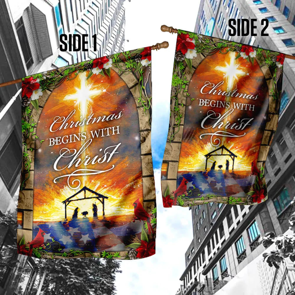 Holy Family Nativity Scene Yard Flag, Christmas Begins with Christ Garden Flag, Double-Sided Christian Christmas Lawn Flag, X