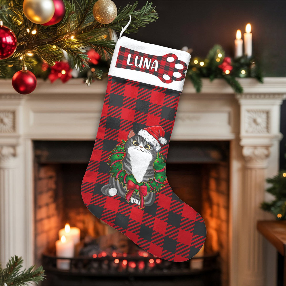 Grey Tabby Kitten Holiday Stocking, Personalized Cat Christmas Stocking, Santa Hat Wreath Pet Stocking, Custom Cat Lover Chri