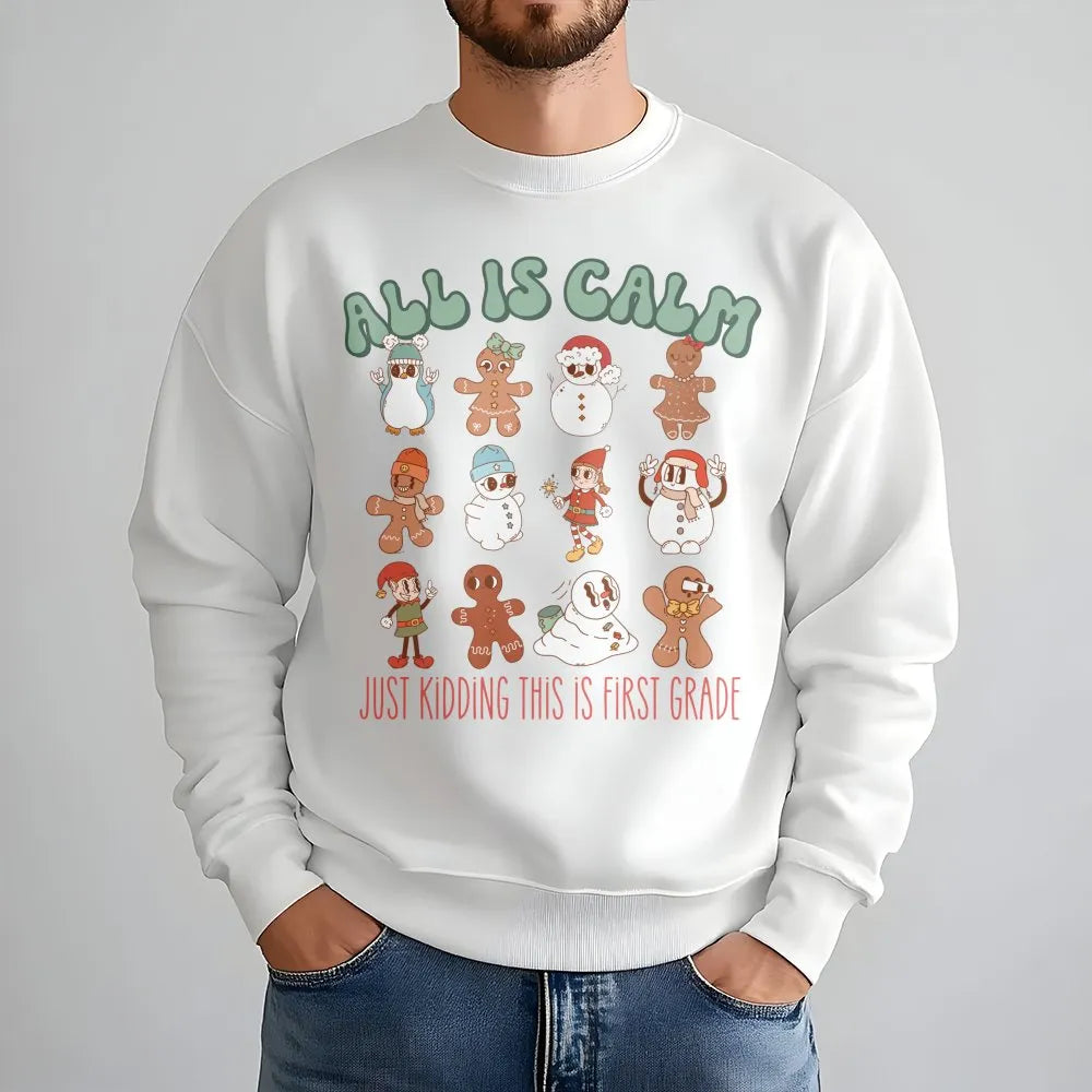 Retro Gingerbread Christmas Sweatshirt, First Grade Teacher Sweatshirt, School Staff Holiday Crewneck, 1st Grade Teacher Holi