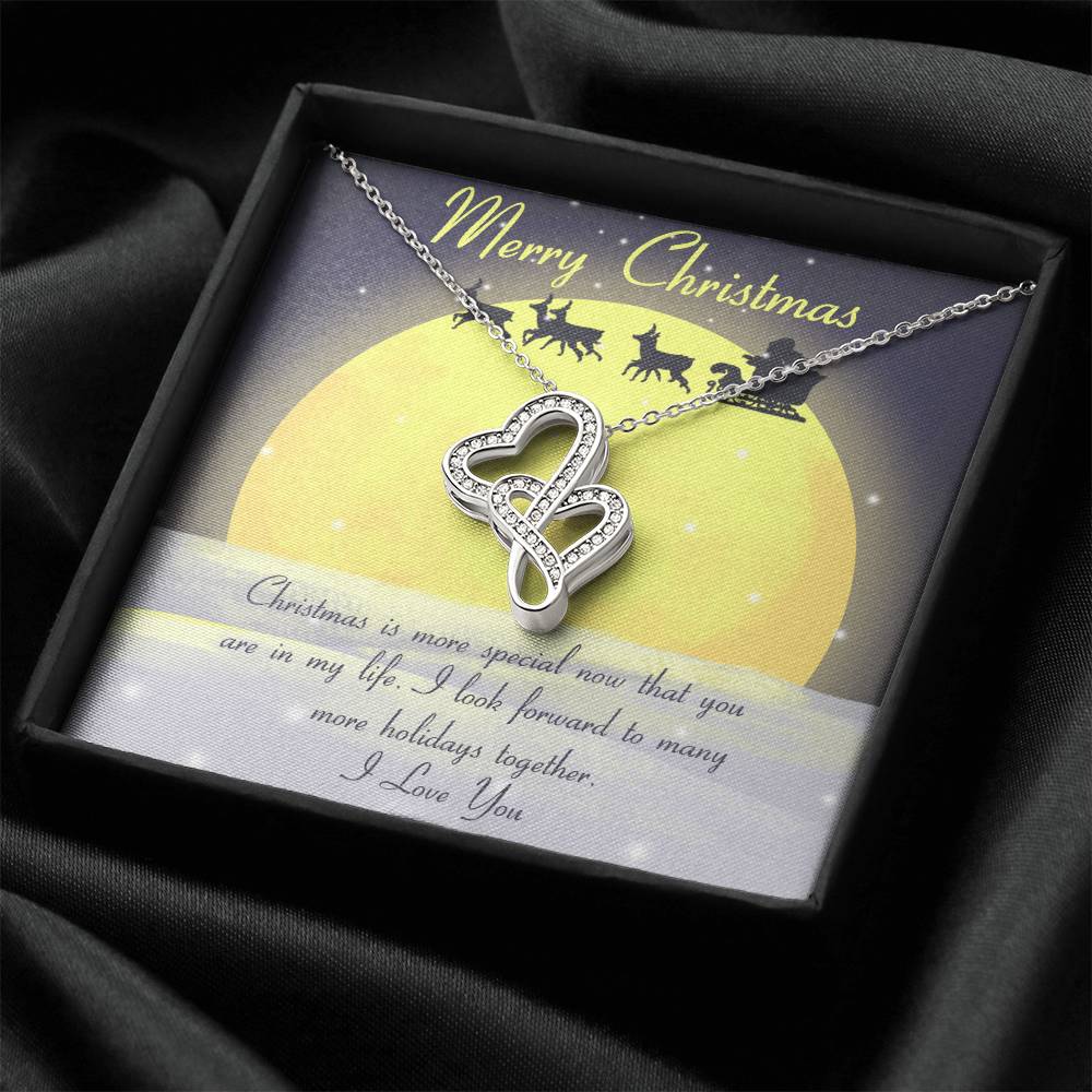 Interlocking CZ Heart Pendant, Double Hearts Necklace for Girlfriend, 14K White Gold Finish Jewelry, Romantic Christmas Prese