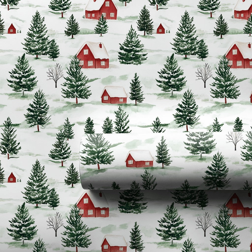 Pine Tree Christmas Gift Wrap, Watercolor Snowy Village Wrapping Paper, Winter Village Holiday Wrapping Paper, Rustic Xmas Gi