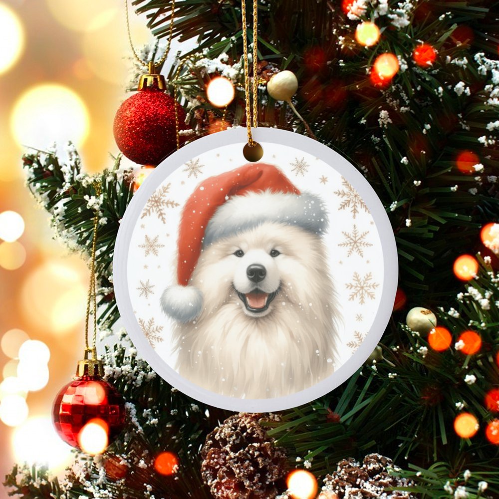 Santa Hat Fluffy Puppy Ornament, Samoyed Dog Christmas Ornament, Festive Dog Lover Ceramic Ornament, Xmas Tree Hanging Decor,