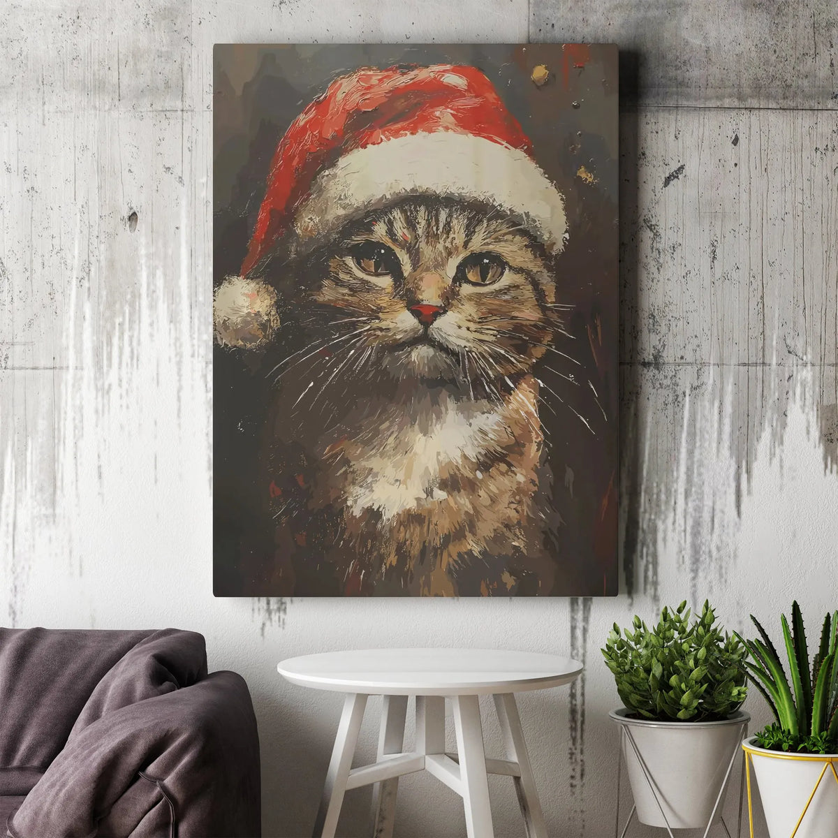 Tabby Cat in Santa Hat Print, Christmas Cat Wall Art, Festive Holiday Pet Canvas Art, Comfy Winter Wall Decor, Cat Lover Digi