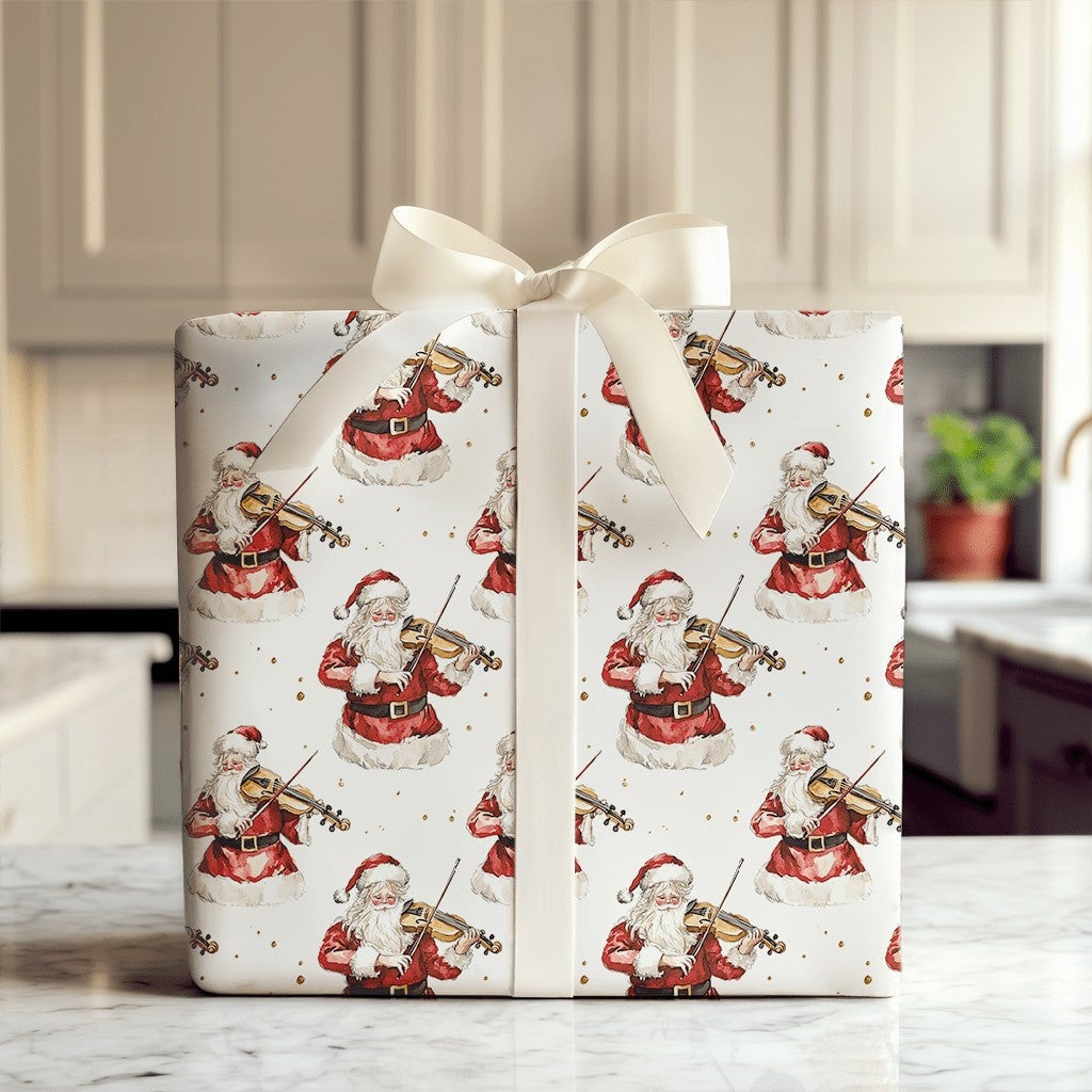 Watercolor Christmas Wrapping Paper Roll, Musical Santa Violinist Wrapping Paper, Classical Music Gift Wrap, Holiday Santa Wr