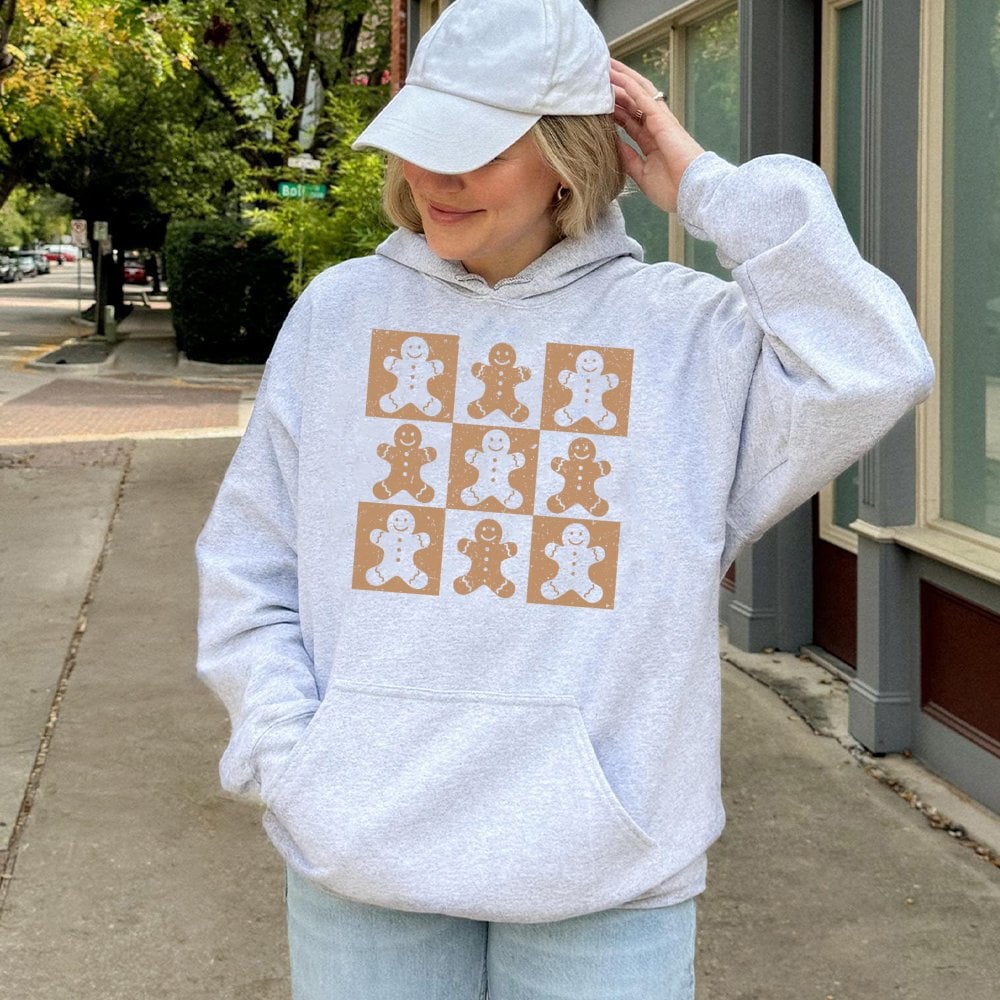 Checkered Christmas Hoodie, Gingerbread Man Hoodie, Adorable Xmas Baking Hooded Sweatshirt, Retro Holiday Cookie Hoodie, Bake
