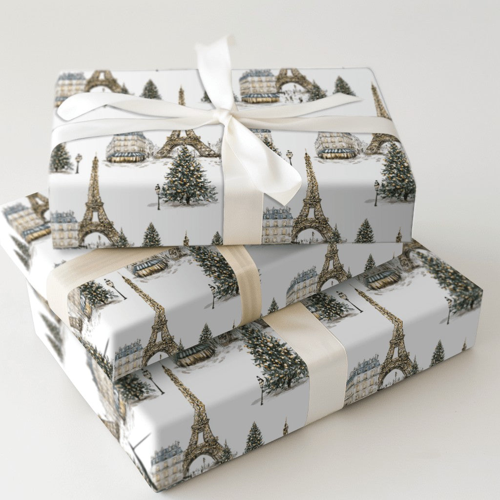 Snowy Eiffel Tower Gift Wrap, Paris Christmas Wrapping Paper, French Cityscape Holiday Wrapping Paper, Francophile Gift Wrapp